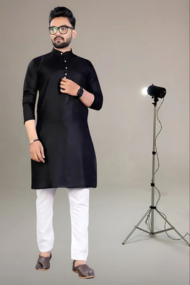 Rajababu Men Solid Straight Kurta(Black)