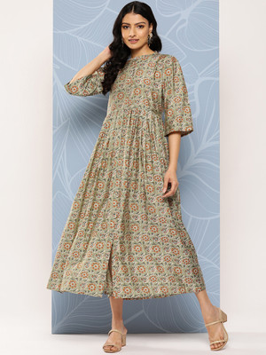 LIBAS Women Printed Flared Kurta(Green)
