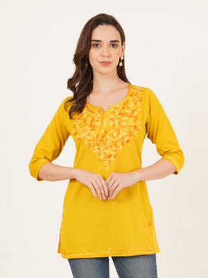 Miss Peach Casual Embroidered Women Yellow Top