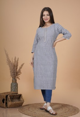 Angel Bird Women Striped A-line Kurta(Grey)