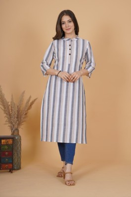 Angel Bird Women Striped A-line Kurta(Beige)