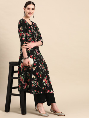 ANOUK Women Floral Print Anarkali Kurta(Black)
