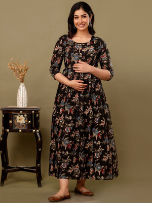 GUNINI Women Printed Anarkali Kurta(Black)