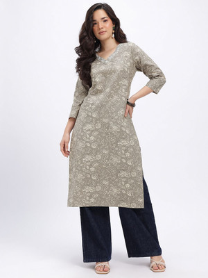 Anouk Rustic Women Floral Print Straight Kurta(Grey)