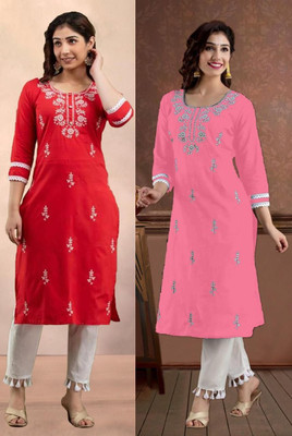 vikshi Women Chikan Embroidery Straight Kurta(Multicolor)