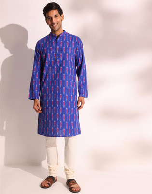 Fabindia Men Printed Straight Kurta(Blue)