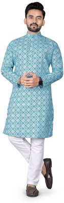 DHASU TRENDZ Men Printed Straight Kurta(Light Blue)