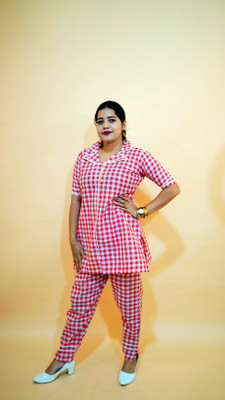 YT Shop Women Checkered A-line Kurta(Red)