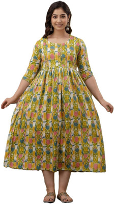 gottam Women Floral Print Anarkali Kurta(Yellow)