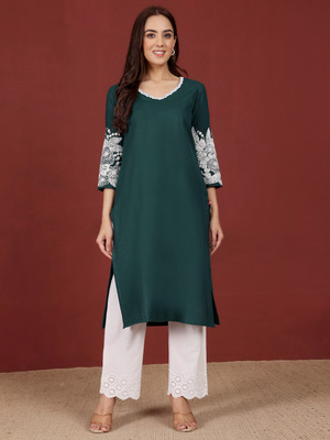 Varanga Women Solid Straight Kurta(Green)