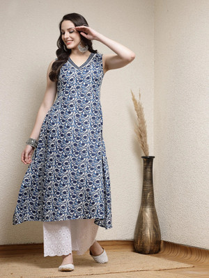 Stylum Women Floral Print A-line Kurta(Blue, Dark Blue, White)