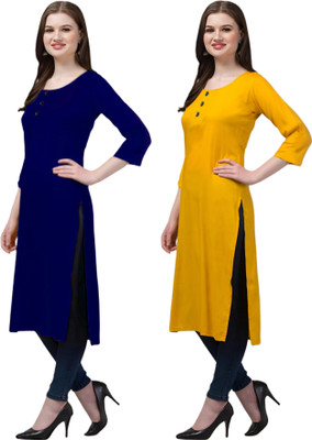 Coft Women Solid Straight Kurta(Blue, Yellow)