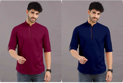 StoneHeart Men Solid Straight Kurta(Purple, Blue)