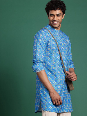 Sangria Men Printed Straight Kurta(Blue)
