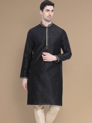 Sanwara Men Woven Design Straight Kurta(Black)