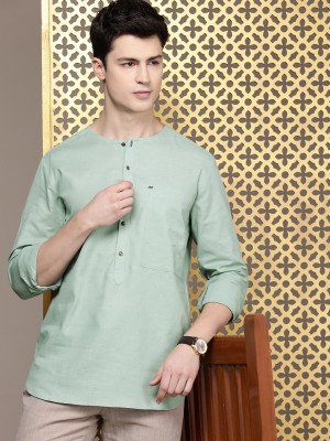 House of Pataudi Men Solid Straight Kurta(Green)