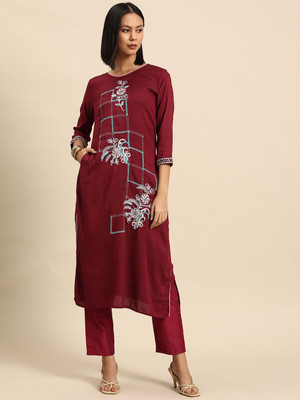 all about you Women Embroidered Straight Kurta(Maroon)