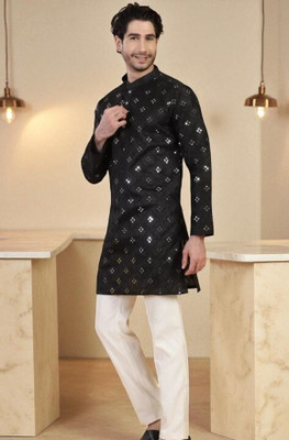 Biswas Fab Men Embroidered, Embellished Straight Kurta(Black)