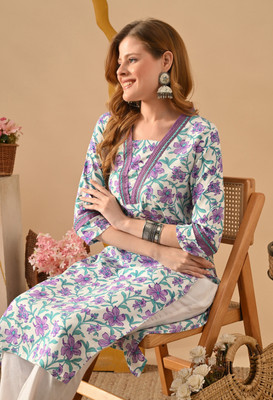 PRISCA Women Floral Print Straight Kurta(White)