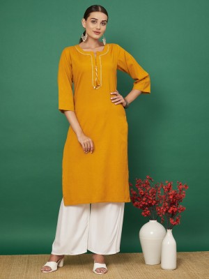 VBUYZ Women Solid Straight Kurta(Yellow)