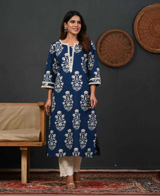 MS Creation Women Printed A-line Kurta(Blue)