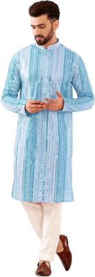 TRUST OUS Men Embroidered A-line Kurta(Light Blue)