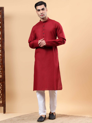 Yugnik Men Solid A-line Kurta(Red)