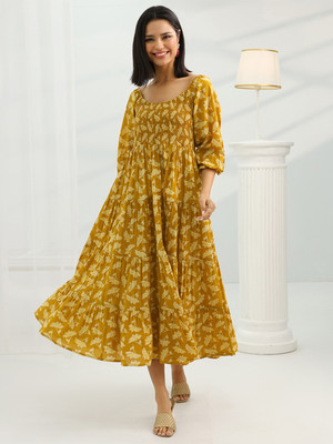 LIBAS Women Printed Flared Kurta(Yellow)