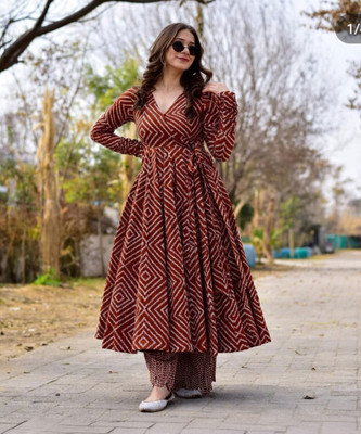 HouseOfCommon Women Geometric Print Anarkali Kurta(Maroon)