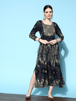 LIBAS Women Printed A-line Kurta(Dark Blue)