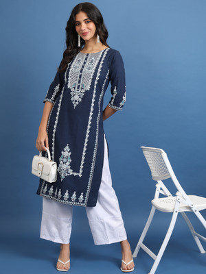 Vishudh Women Printed Straight Kurta(White, Dark Blue)