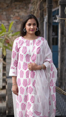Jaipuri Bunaai Women Printed Straight Kurta(White, Pink)