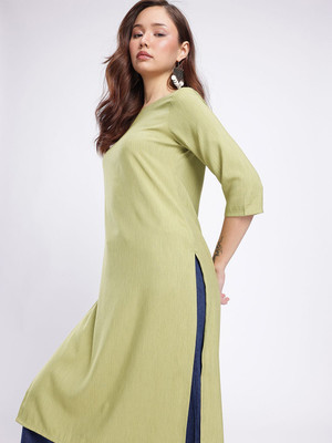 Anouk Rustic Women Solid Straight Kurta(Green)