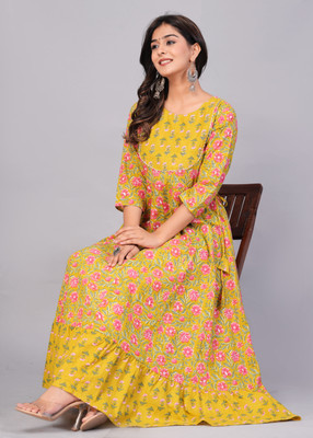 Kirnya Women Floral Print, Printed Anarkali Kurta(Yellow)