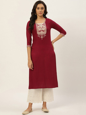 all about you Women Printed Straight Kurta(Maroon)