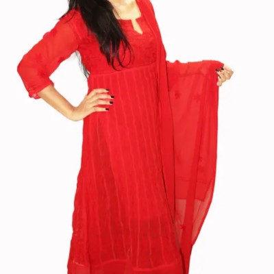 Adab Chikan Handicarft Women Self Design Anarkali Kurta(Red)