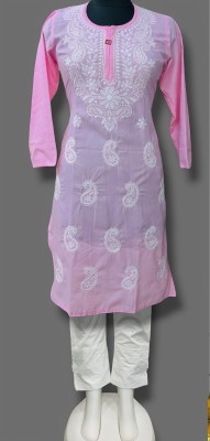 zhouse Women Chikan Embroidery A-line Kurta(Pink)