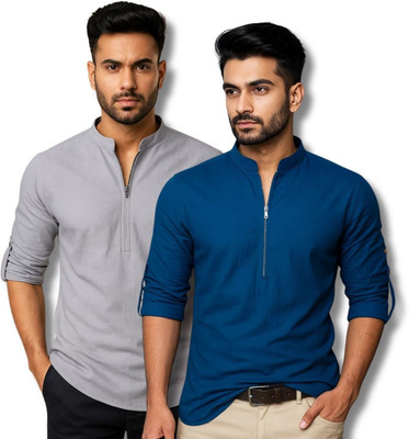 RANGFIT Men Solid Straight Kurta(Grey, Dark Blue)