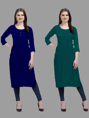 Coft Women Solid Straight Kurta(Blue, Dark Green)