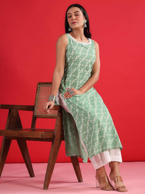 KHUSMITA FASHION Women Printed Cotton Rayon A-line Kurta  (Green) For Rs. 254 @ 87 %