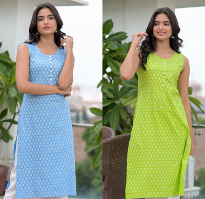shobhit Women Printed Straight Kurta(Blue, Green)