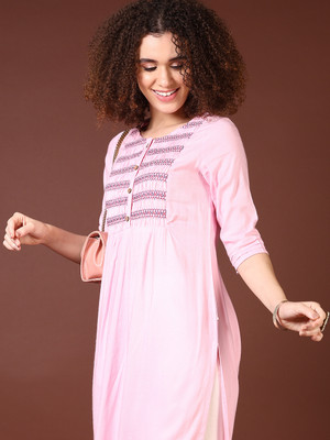 V-MART Women Self Design A-line Kurta(Pink)