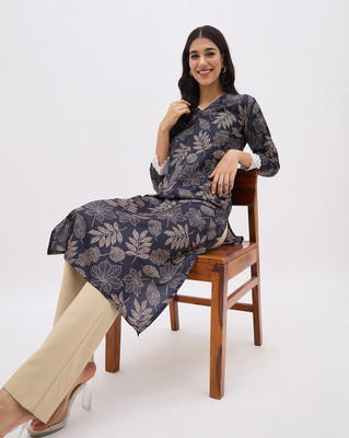 Anouk Rustic Women Printed Straight Kurta(Blue)