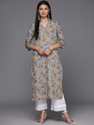 Varanga Women Printed Straight Kurta(Grey, Yellow)