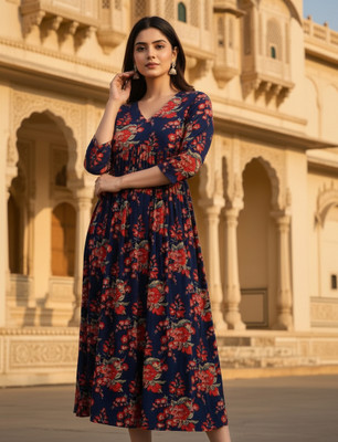 Anika Women Floral Print, Printed Anarkali Kurta(Blue)