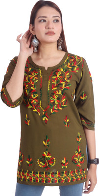 INDICRAFT Women Self Design Straight Kurta(Green)