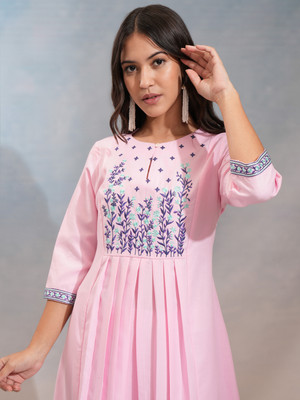 Vishudh Women Embroidered A-line Kurta(Pink)