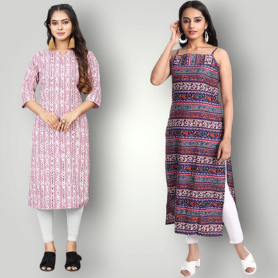 KALLAXI Women Printed Straight Kurta(Multicolor)