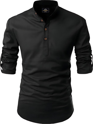 Fashion Marts Men Solid Straight Kurta(Black)