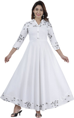 DARGU Women Printed Flared Kurta(White)